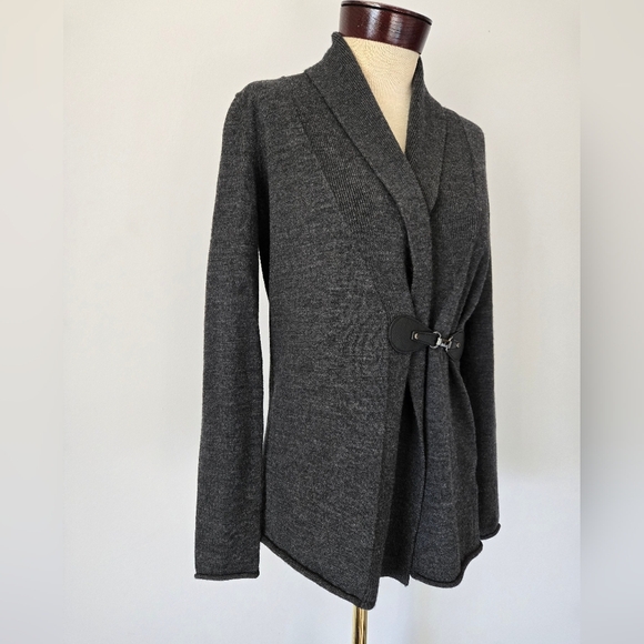 CAROLE LITTLE Extra Fine Merino Wool Gray Shawl Collar Cardigan. Size M - Picture 2 of 14